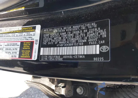 2011 Toyota Camry Le z USA, uszkodzony, nr VIN 4T4BF3EK8BR152169